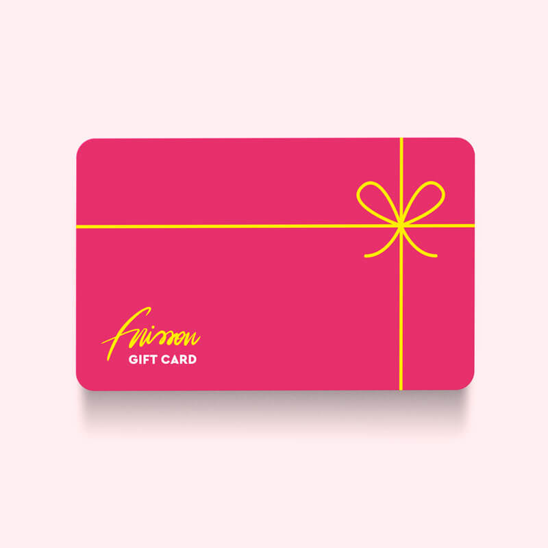 Gift card di Frisson rosa con disegno del regalo giallo