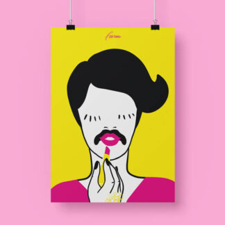 illustrazione di una persona con baffi che mette il rossetto